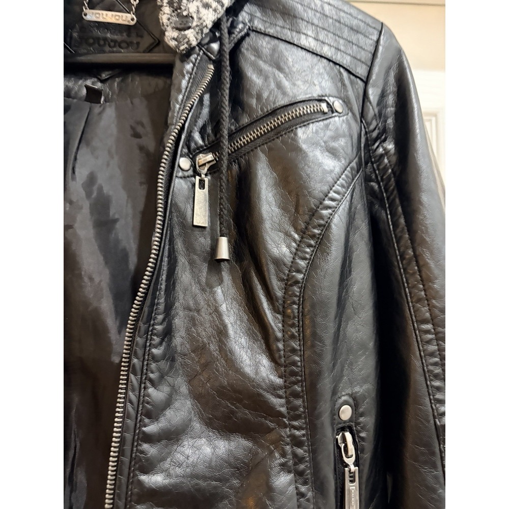 JOUJOU Faux Leather Moto Jacket Womens Medium Black Hooded Knit Trim Full Zip